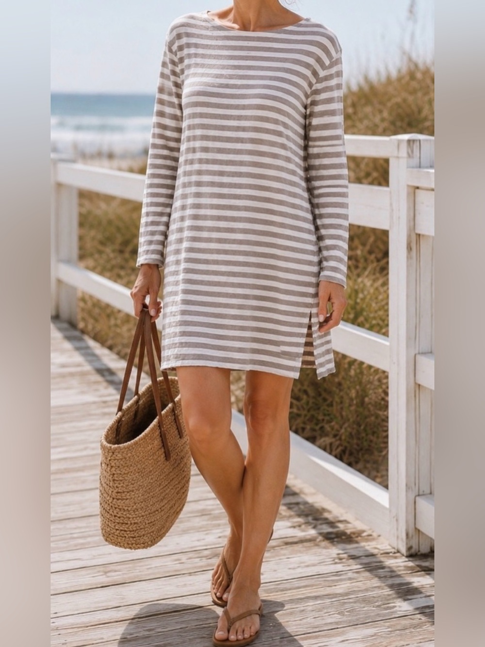 EILEEN‎ FISHER Gray White Stripe Organic Linen Tunic Mini Swing Dress Coverup XS